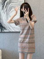 เสื้อผ้าแฟชั่นสำหรับสุภาพสตรี New very fairy ice silk stripes short sleeve T-shirt render skirt to show thin female loose long knitting dress in summer