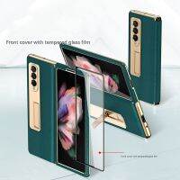 2023HOtNewCase สำหรับ Samsung Galaxy Z พับ3 5G ฝาครอบหนัง Kickstand ฟังก์ชั่นชุบกรอบปกหลังสำหรับ Z พับ2แก้ว