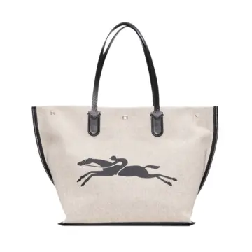 Longchamp Essential Raye Striped Horse Canvas Black Leather Tote