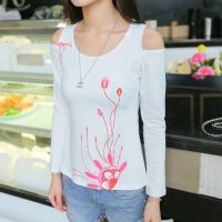 jjhwomens t-shirt Spring autumn new ethnic printed long-sleeved  slim off-shoulder ripped top round neck bottoming woman shirt top