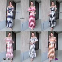 P15953 แม็กซี่เดรสปาดไหล่ระบายลายริ้ว + สายผูกเอว Off-the-shoulder maxi dress with stripes + drawstring waist