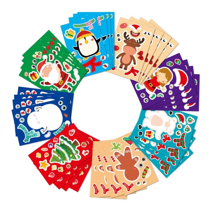 8-24sheets-children-stickers-cartoon-make-a-face-santa-snowman-reindeer-elf-christmas-activities-puzzle-sticker-for-kids-gifts