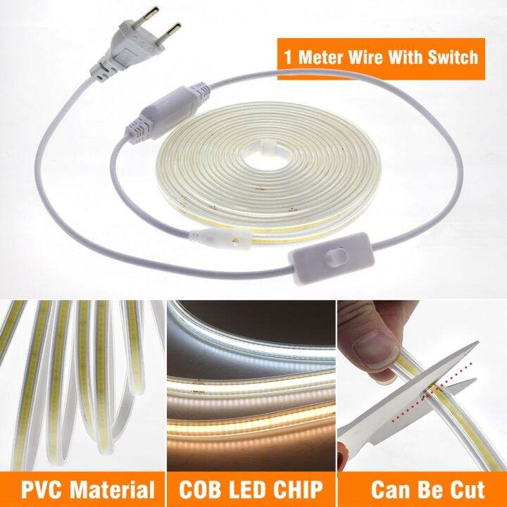 220v-led-strip-super-bright-cob-led-light-high-safety-288leds-m-flexible-cob-light-bar-outdoor-waterproof-led-strip-light-plug-power-points-switche