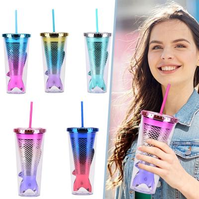 Double Wall Mermaid Tail Water Cup With Straw Creative Tumbler P0J3