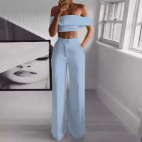 【cw】M-12 Tube Top and Navel Two-Piece Suit European and American y off-Shoulder Top and Trousers Solid Color Blouse and Pants