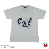 เสื้อแตงโม (SUIKA) เสื้อยืดคอวี แขนสั้น ลายปักแมว( E.V-040 )