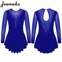 Girls Rhinestone Figure Skating Dress See-Through Ballet Leotards Dresses Mesh Patchwork Style Hollow Out Performance Dancewear