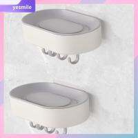 YESMILE 2Pcs กับท่อระบายน้ำ จานสบู่ ไม่มีการเจาะ พร้อมตะขอ6อัน กล่องใส่สบู่ ใช้งานได้จริง พลาสติกทำจากพลาสติก ที่วางสบู่ ฝักบัวห้องน้ำห้องครัว