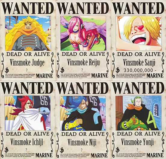 One Piece Wanted Vinsmoke Family 6 Pcs Poster Straw Hat Cap Pirates Flag Bracelet Brooch T Shirt Decor Japanese Manga Anime Devil Fruit Luffy Zoro Nami Sanji Usopp One Punch Man Naruto My