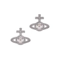 Westwood Vivian Vivienne Empress Dowager hollowed out diamond-encrusted pearl Saturn earrings womens niche design exquisite earrings earrings trendy 2023 imported