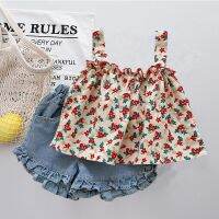 Children with suit western style 1-3 two children aged female baby pants co儿童装套装洋气1-3岁女宝宝短裤小童吊带纯棉两件T818z
