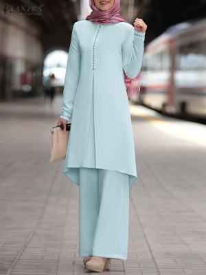 ZANZEA 2ชิ้นแฟชั่นอิสลามเสื้อผ้า Marocain อี๊ด Mubarek มุสลิมกางเกงชุดผู้หญิงแขนยาวลูกไม้โครเชต์เสื้อกางเกงชุด