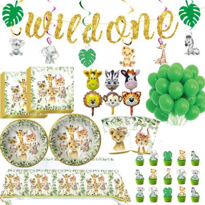 【LZ】 Jungle Animal Disposable Party Tableware 1st Wild One Birthday Party Decor Kids Baby Shower Safari Forest Theme Party Supplies