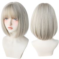 Short Straight Synthetic Wigs for Women White Grey Hair Bob Wigs with Bangs Daily Cosplay For Party Heat Resistant Lolita Hair Wig  Hair Extensions Pa