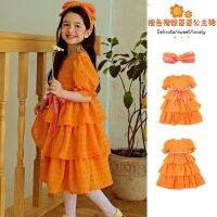 Girls Dresses 2023 Summer New Orange Bubble Sleeve Childrens Dresses Fashion Cute Girls Princess Dresses Childrens Clothing  by Hs2023