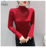 YIMEI เสื้อเสื้อยืดแขนยาวฟิตเนสตาข่ายเข้ารูปสำหรับผู้หญิง,เสื้อยืดแขนยาวแดงประกายแฟชั่นแต่งกระดุมยุโรปฤดูใบไม้ร่วงและฤดูหนาวลูกปัด