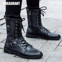 THEAGRANT 2021 Autumn Winter Men Boots Buckle British Knight Military Ankle Boots High Top Patchwork Black Mans Shoes MBS670