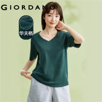 GIORDANO ผู้หญิง เสื้อยืดแขนสั้นคอวีสีพื้นถักลายวาฟเฟิล Free Shipping 05323453