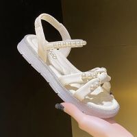 Rimocy Fahsion Pearl Flat Heel Sandals Women Summer 2023 Elastic Band Casual Sandals Femals Soft Bottom Non-Slip Sandalias Mujer