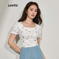 Lovito Women Casual Floral Puff Sleeve Square Neck T-Shirt L45ED080 (Multi-Color)