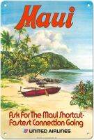 Maui เรือแคนูโครงฮาวาย (Waa) ไทยแอร์ไลน์โปสเตอร์การเดินทางฮาวายวินเทจโดย Albert Hollenback C.1970s ป้ายดีบุกโลหะโบราณ8in X 12in