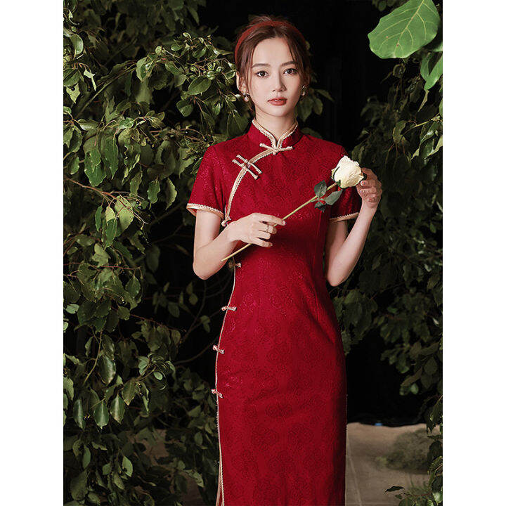 สีแดงปรับปรุง-cheongsam-ขนมปังเจ้าสาวเสื้อผ้าความรู้สึกระดับไฮเอนด์ชายหนุ่มตัวเล็กวิทยาลัยการตรวจสอบทางเข้า2022