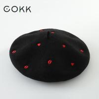 2021COKK Autumn Winter Hats For Women Lady Wool Beret Embroidered Red Heart Lip Flat Cap Painter Hat Female Boina Soft Gorras Planas