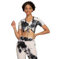 Womens Fitness Exercise Tie-Dye Ink Drawstring Jacquard Bubble Short-Sleeve Yoga Wear