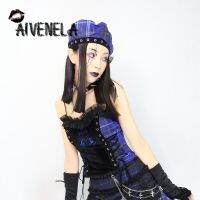 HotHarajuku Gothic Punk หมวกลายสก๊อตสีฟ้า Hot Girls Drawstring Bow Beret Navy หมวกหมวก AFC915