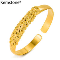 Kemstone สร้อยข้อมือขนนกยูงเปิด24K เครื่องประดับทองคำสำหรับผู้หญิง