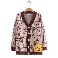 【มีไซส์ใหญ่】Plus Size XL-3XL Womens V-neck Knitted Cardigans Long Sleeved Cute Printed Autumn Winter Outerwear