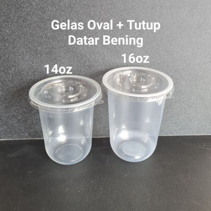 50 Pcs Gelas Oval 14oz 16oz Tutup Cembung Gelas Plastik Oval Cup Oval U Cup Tutup 5868