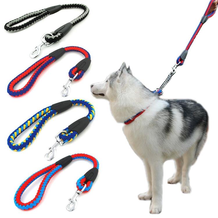 Leather Large Dogs Traction Rope Dog Collar Pet Traction Belt Weaving Round Belt 