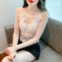 COD 有胸垫 设计感性感蕾丝衫V领吊带背心女2023夏新品重工钉珠小衫潮