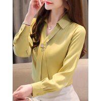 Chiffon shirt female long sleeve temperament autumn fashion tie V-neck shirt Korean yellow streamer