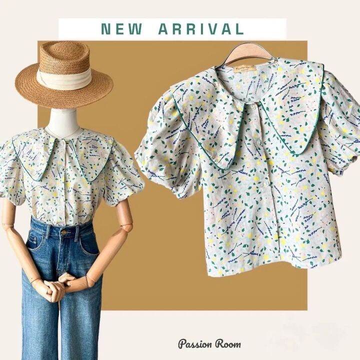 original-korea-linen-balloon-blouse-เสื้อคอแต่งปกวี-แขนบอลลูน-ทรงน่ารักมากค่า