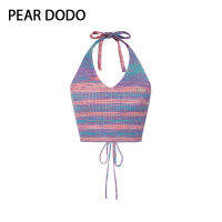 PEAR DODO คอเสื้อกล้ามลายทางสำหรับผู้หญิงสายแบบสั้นเกาหลี