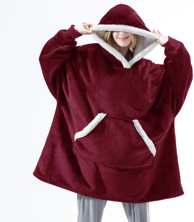 ขนาดใหญ่เสื้อกันหนาวหมวกผ้าห่มที่มีแขนเสื้อยืดลายสก๊อตฤดูหนาวขนแกะ-hoody-ผู้หญิงกระเป๋าหญิงเชอร์ปายักษ์คลุมด้วยผ้า-o-versize-ฮู้ด