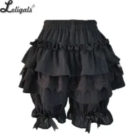 น่ารักสีดำ/สีขาว Lolita กางเกงขาสั้นลูกไม้ Ruffled Elastic เอวฝ้าย Bloomers