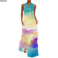 COD DSFDGESERRRRR New Summer Boho Long Dress Casual Print Pockets Maxi Dress Elegant V Neck Sleeveless Womens Beach Party Dress Vestidos 5XL