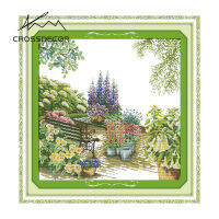 Crossdecor Cross Stitch ชุดด้วยวัสดุภูมิทัศน์ผ้าพิมพ์ผ้าฝ้ายโรงงาน Outlet ผ้า11CT 14CT ปักชุดสำหรับผู้เริ่มต้น Craft Handmade ตกแต่งสำหรับ Sala Wall-ดอกไม้ Courtyard