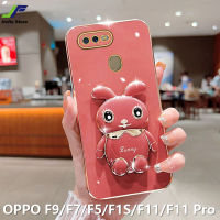 เคสโทรศัพท์กระต่ายที่สวยงามสำหรับ OPPO F9 / F7 / F5 / F1S / F11 / F11 Pro เคสโทรศัพท์ TPU แบบน่มชุบโครเมี่ยมลายการ์ตูนน่ารัก + ขาตั้ง