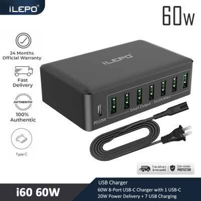 iLepo usb charger fast charging 60W 12A 8-Port USB-C Charger with 1 USB-C 20W Power Delivery + 7 USB Charging Station for MacBook, USB C Laptops, iPad Pro, iPhone, Galaxy, Pixel and More