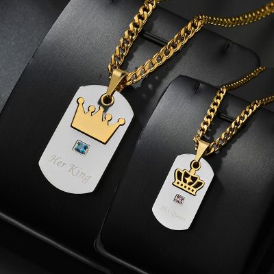 Her King amp; His Queen Couple Necklaces Sliver Color Stainless Steel Lovers Tag Pendant Fashion Crystal Jewelry Gift Dropship