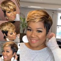 【LZ】❏❐◎  Highlight Synthetic Wigs Short Straight Pixie Cut Hair Bob Wig Honey Gold Mix Black Hair For Woman