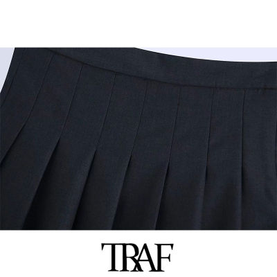 TRAF Women Fashion Box Pleat Shorts Skirts Vintage High Waist Side Zipper Female Skirts Mujer