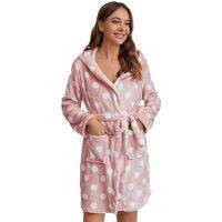 2021Ladies Hooded Bathrobe Coral Plush Robe Flannel Fleece Spa Bathrobe Polka Dot Fluffy Women Sleepwear