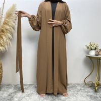 เสื้อคาร์ดิแกน Abaya รอมฎอน Baju Raya มีกระเป๋าชุดเดรสแขนยาวสำหรับมุสลิมชุดเดรสแม็กซี่มุสลิมเข็มขัดลูกไม้แฟชั่นสีพื้น