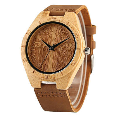 Creative Life Tree Handmade Carving Modern Men Women Quartz Wrist Watch Novel Bamboo Sport Clock Genuine Leather Strap S