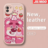 JIUMOO เคส A03ปลอกสำหรับ Samsung A03s ลายหมีสตรอเบอร์รี่น่ารักเคสมือถือกันกระแทกนิ่มดีไซน์ใหม่เคสใส่โทรศัพท์หนังป้องกันการตกพร้อมเคสป้องกันกล้องเลนส์คลุมทั้งหมด